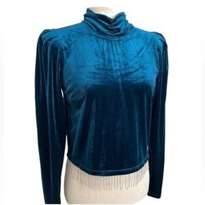 Joie Blue Velvet Mock Neck Long Sleeve. Silver Bead Fringe. Size SP. #595 NWT